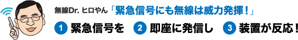 無線Dr. ヒロやん 「緊急信号にも無線は威力発揮！」　1 緊急信号を　2 即座に発信し　3 装置が反応！