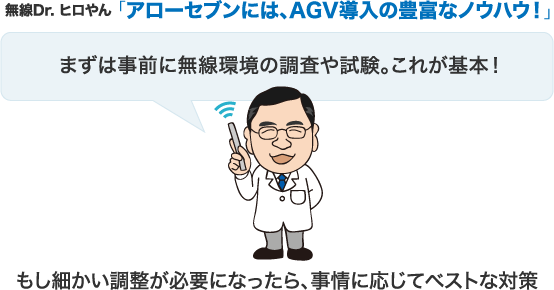 無線Dr. ヒロやん 「アローセブンには、AGV導入の豊富なノウハウ！」　まずは事前に無線環境の調査や試験。これが基本！　もし細かい調整が必要になったら、事情に応じてベストな対策